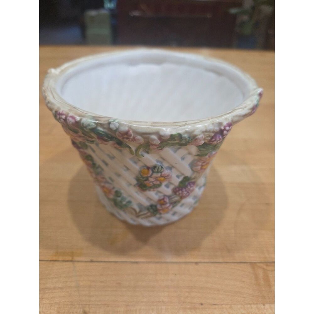 Vintage LBK Ceramic Basketweave Floral Planter Cachepot